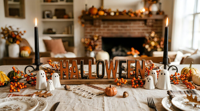 Festive halloween tablescape with wooden sign ghosts pumpkins and autumnal decor