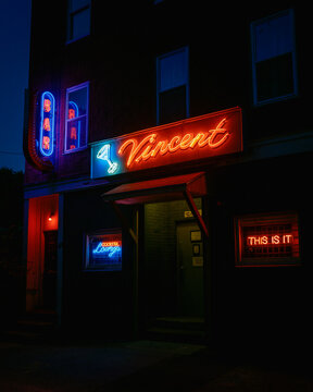 Vincents Bar neon signs at night, Worcester, Massachusetts