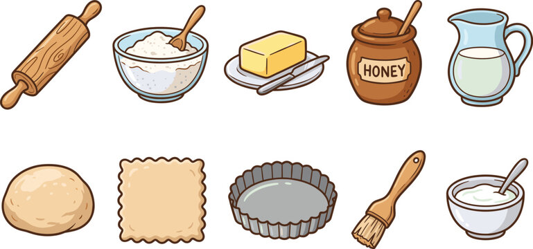 Baking ingredients and tools set, dough rolling pin flour and butter vector illustration