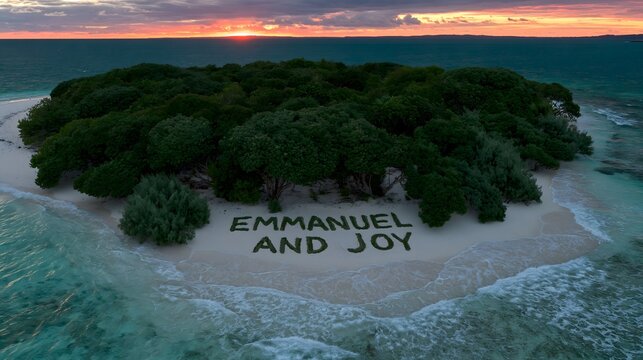 Aerial drone view of a lush tropical island beach at sunset with the text Emmanuel and Joy written in nature, perfect for wedding invitations, romantic travel concepts, and serene island vacation