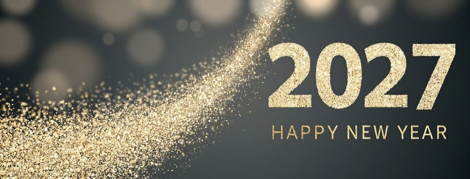 The image presents a dark, subdued gray background with subtle, circular light bokeh effects scattered throughout. large, textured gold numbers "2027" are positioned on the right half.