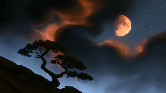 Ethereal fantasy digital art landscape featuring a silhouette of a gnarled bonsai tree on a rocky cliff under a glowing orange moon and dramatic night sky for high quality wallpaper background