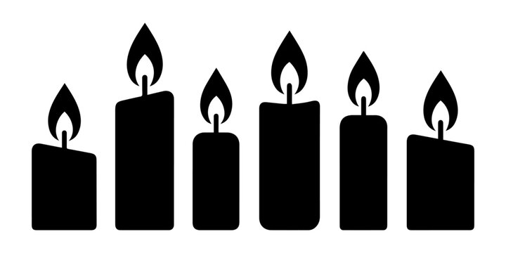 Silhouette of  candles ,Minimalist black and white vector icons of tea light candles with a small burning flame presented on a clean white background for modern graphic design projects