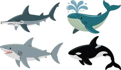 Shark and whale vector icon set, hammerhead killer whale marine animal elements isolated flat cartoon illustration © Sohel