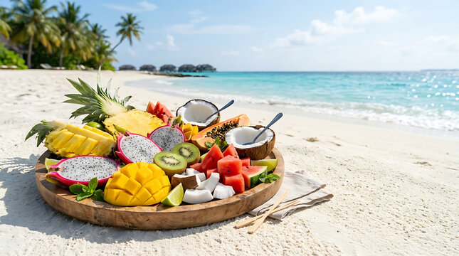 Tropical fruit platter on sandy beach by ocean