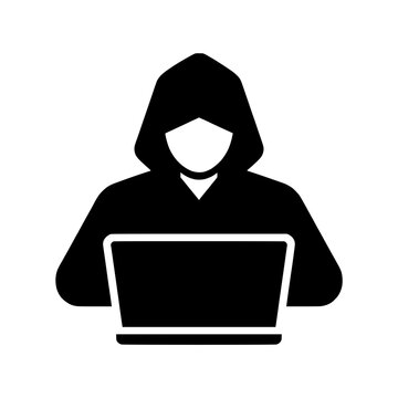 Minimalist vector illustration featuring a black silhouette of a faceless hacker or cyber criminal wearing a hoodie, operating a laptop computer.