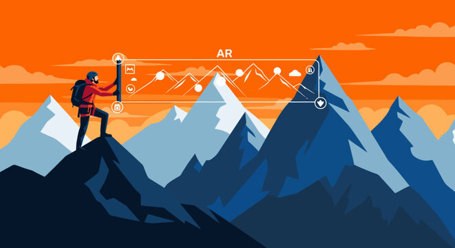 Hiker uses augmented reality device on mountain peak.