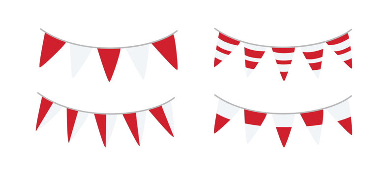 Red and white bunting flags vector set, red and white bunting flags garland vector illustration, indonesian celebration decoration party flags