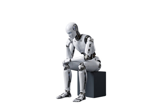 White humanoid robot sitting in thinking pose isolated on background, artificial intelligence reflection concept cutout