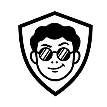 Man with sunglasses character logo vector illustration with minimalist shield emblem