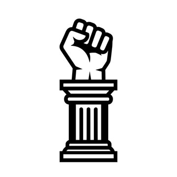 a tightly clenched fist raised on top of a classical Greek pillar, symbolizing the power of law, social justice, human rights, freedom, struggle, and democracy.
