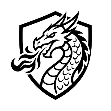 Dragon Breathing Fire Inside Shield Mascot Vector Illustration