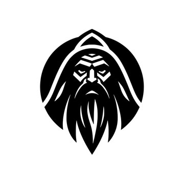 Hooded Old Wizard Vector Logo Illustration with Long Beard