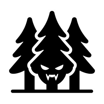 Pine trees or a forest with the silhouette of a fanged, terrifying creature's face in the center.
