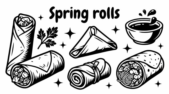 Spring rolls vector collection isolated for Asian appetizers, street food, healthy meals, and restaurant menu designs. Black and white sketch style featuring , vegetables, and fresh ingredients