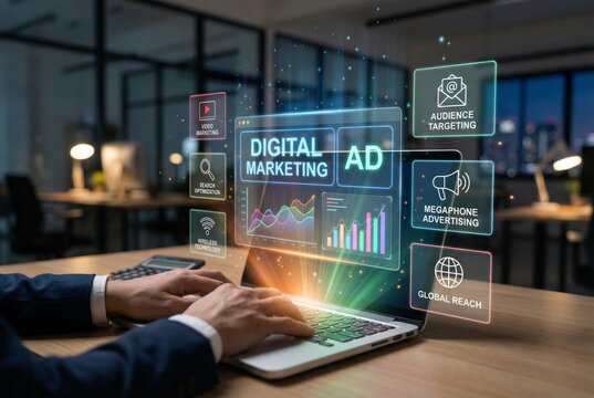 Digital marketing and megaphone advertising icons on laptop screen in modern office