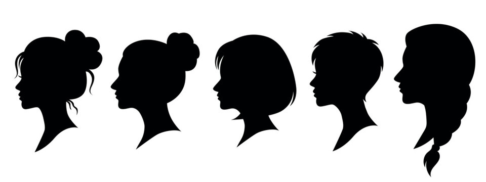 Woman side profile silhouette set, elegant female head and updo hairstyle icons