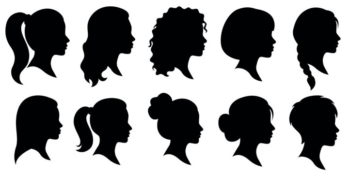 Female profile silhouette set, ponytail and curly hairstyle side view portrait icons