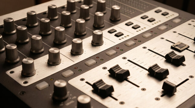 Professional Audio Mixing Console Close-Up with Knobs and Faders