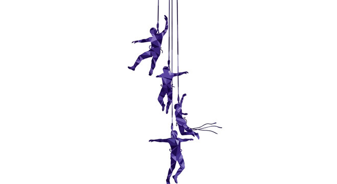 Abstract Geometric Illustration of Four Rappelling Climbers in Purple