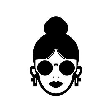 Stylish Woman Face Vector Illustration with Hair Bun, Sunglasses, and Earrings