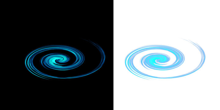 Glowing cyan blue spiral vortex shape displayed on black and solid blue backgrounds isolated on a transparent background