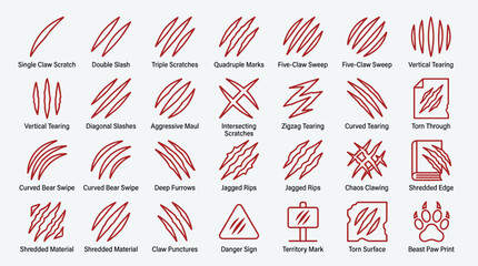 Obraz premium Set of sharp claw scratch marks and wild animal torn paper effects in vector illustration style for horror and action design projects and savage textures pack.