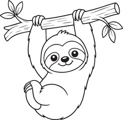 Fototapeta premium Cute Cartoon Sloth Hanging from Tree Branch Coloring Page Vector Illustration