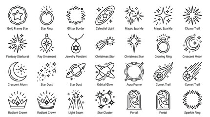 Set of star and light outline icons, gold frame star, star ring, glitter border, celestial light, magic sparkle. © SHEKHOR9966