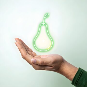 Glowing Green Pear Outline Icon Floating Above Open Hand on Soft Gradient Background