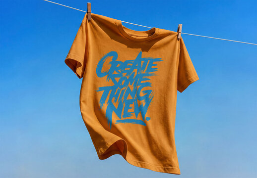 Mockup of orange T-shirt Drying on Clothesline in Sun