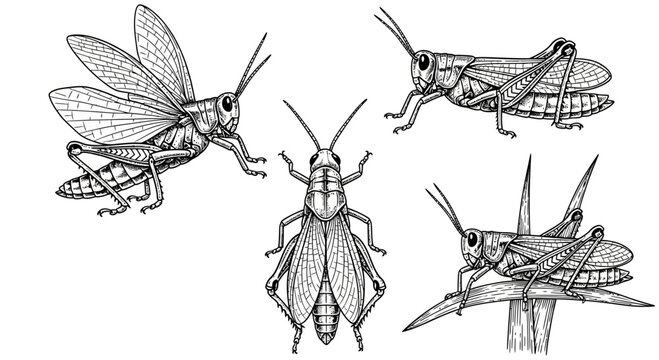 Black and White Line Art Illustration of Grasshoppers in Various Poses