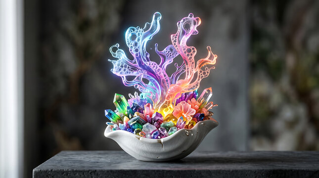 Vibrant colorful crystal cluster in a white bowl on a dark surface with rainbow hues and wavy shapes rising from it