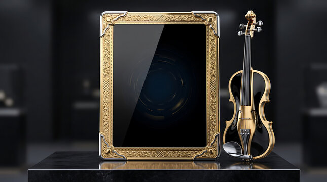Gold ornate picture frame and violin on black reflective surface with blurred dark background