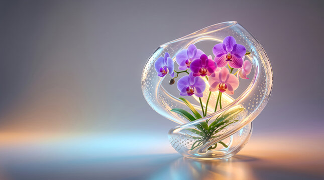 Glass vase with purple and pink orchids on reflective surface with colorful background gradient