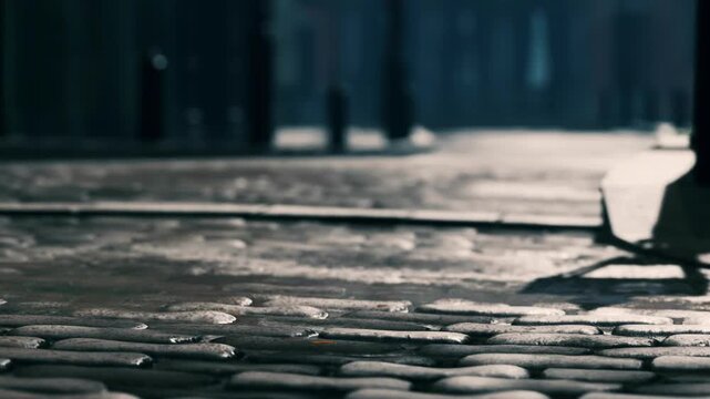 A quiet street with wet cobblestones reflects light at night. Shadows from street lamps create a play of light and dark. The area looks empty and calm as the night goes on.