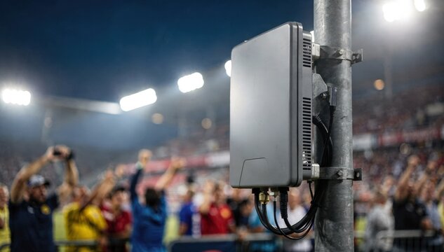 Wireless small cell unit on a pole near a sports venue with outoffocus fans and stadium lights enhancing the sense of digital infrastructure.
