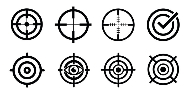 Target crosshair icon set, aim focus bullseye and sniper scope outline vector icons