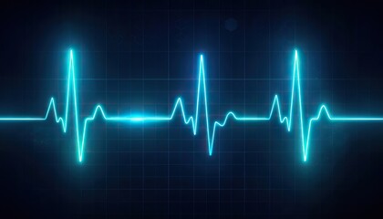 Vibrant cyan-blue heartbeat waveform pulses dynamically across a dark, gridded digital display. This abstract medical monitoring concept signifies life, health, and advanced technology.
