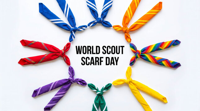 World Scout Scarf Day celebration concept, colorful neckerchiefs arranged in a circle on white background, scouting movement unity and diversity