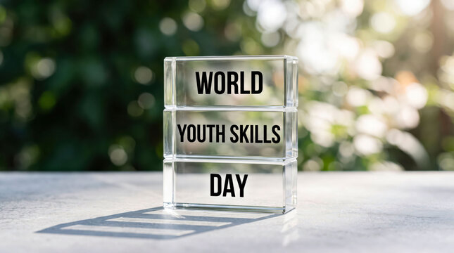 World Youth Skills Day text on glass blocks, transparent crystal cubes with educational message, career development concept in natural outdoor light
