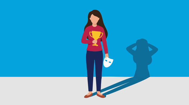 Imposter syndrome concept: woman's success hides anxiety and self-doubt