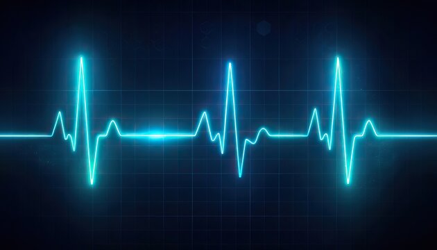 Vibrant cyan-blue heartbeat waveform pulses dynamically across a dark, gridded digital display. This abstract medical monitoring concept signifies life, health, and advanced technology.