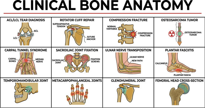Educational anatomy diagram showing clinical bone disorders and conditions