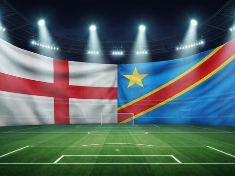Soccer stadium under spotlights featuring the national flags of england and democratic republic of the congo behind the pitch, international football tournament.