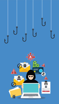 Hacker with laptop computer stealing confidential data, personal information and credit card detail. Hacking concept.	