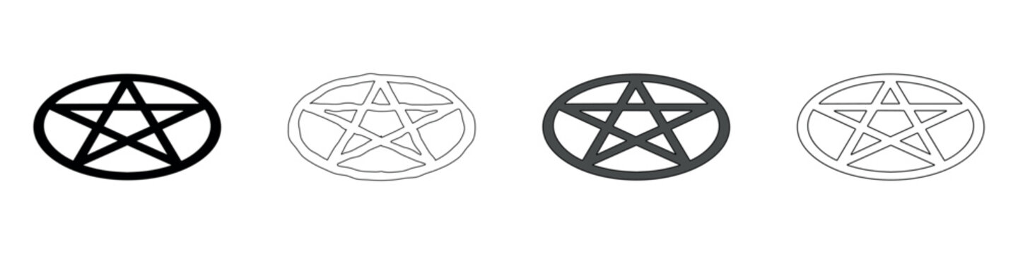 Collection of four pentagram symbols in different styles and colors on a white background
