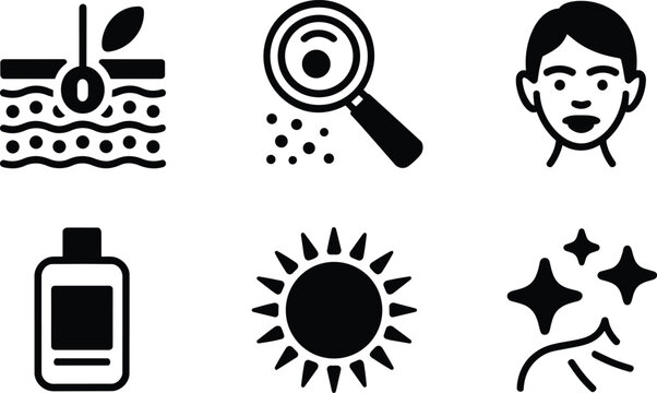 Skincare and dermatology black glyph icons featuring a face, sun protection bottle, magnifying glass, skin layers, and glowing stars and routine