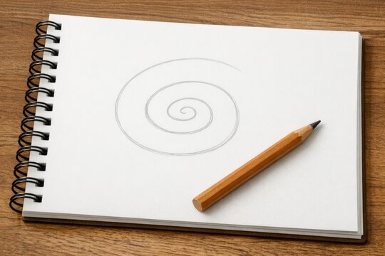 A simple spiral drawing made on a notebook page using a pencil