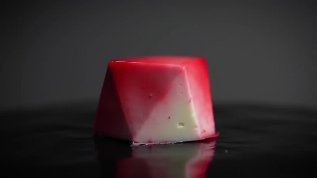 Gourmet geometric cube-shaped mousse dessert with red and white square segments arranged in a grid pattern on a dark reflective surface against a black background.